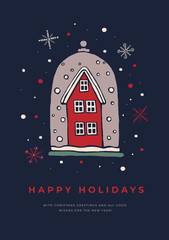 Template greeting card with a snow-covered house and snowflakes on dark background. Decorative holiday composition for the New Year and Christmas. Festive vector illustration for postcard.