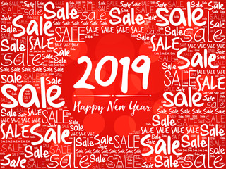 2019 Happy New Year. Sale Christmas background word cloud, holidays lettering collage
