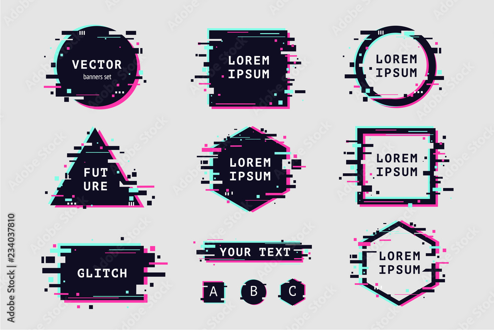 Fototapete glitch effect banners and frame set. futuristic design with glitchy abstract shapes. vector clipart 