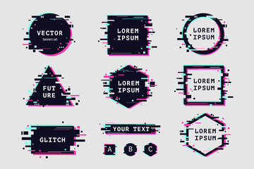 Glitch effect banners and frame set. Futuristic design with glitchy abstract shapes. Vector clipart elements. - obrazy, fototapety, plakaty