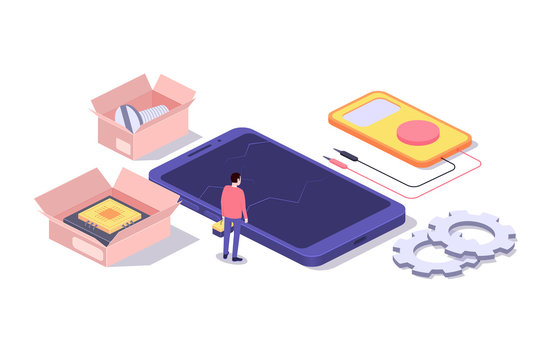 Mobile repair and service concept. Smartphone with repairman and spare parts. Isometric composition. Illustration for web sites and print. Vector illustration
