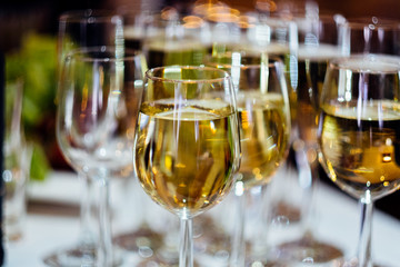 A lot of glasses. Glasses of wine. Buffet. The drinks. Dishes for the restaurant. Buffet service.