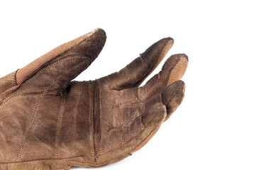 old gloves, leather, brown, isolated on white