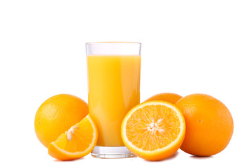 Glass of orange juice with oranges isolated on white