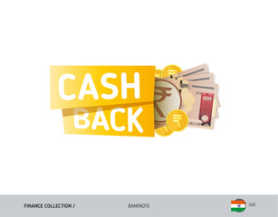Cash back banner with 1000 Indian Rupee Banknotes and coins. Flat style vector illustration. Shopping and sales concept.