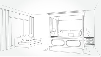 Linear sketch of an interior. Room plan. Sketch Line bedrooms. Vector illustration.outline sketch drawing perspective of a interior space