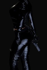Fototapeta na wymiar Sexy female assassin in glossy latex suit