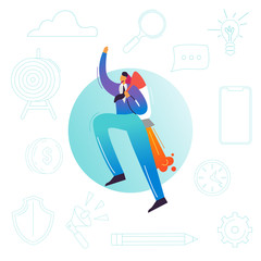 Businessman Flying on a Rocket. Business Startup, Career Boost, Success Achievement Concept. Office Worker Character with Rocket. Vector illustration