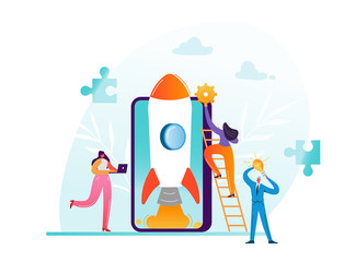 Startup Business Project Teamwork Concept. Business Characters Launching Rocket with Smartphone. Modern Mobile Technology Management and Innovation Idea with People. Vector illustration