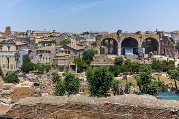 Panorama of Ruins of Roman Forum and Capitoline Hill in city of Rome, Italy