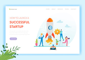 Business Startup Landing Page Template. Investment, Career Boost and Strategy Banner with Business People Characters Launches Rocket. Teamwork Innovation Web Page. Vector illustration