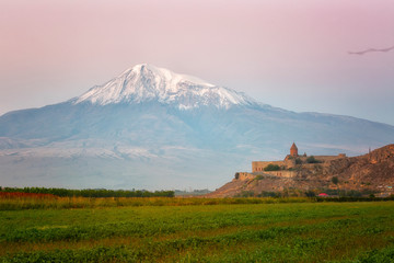 Ancient Armenian church Khor Virap with Ararat n sunrise, Armenia