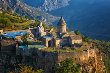 Ancient monastery in sunset. Tatev. Armenia