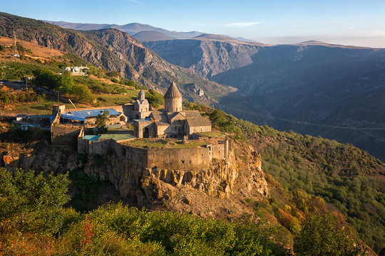 Ancient monastery in sunset. Tatev. Armenia