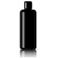 Black cosmetic bottle for facial toner, hair shampoo or shower gel. Vector design template. Cosmetics packaging mockup. Realistic 3d illustration.