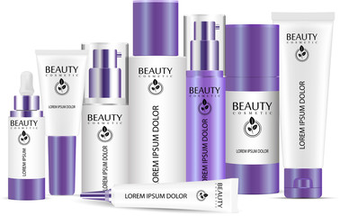 Cosmetic bottle blank templates set, plastic containers bottles with spray, dispenser and dropper, cream tubes. Realistic 3d mock-up of cosmetics package.