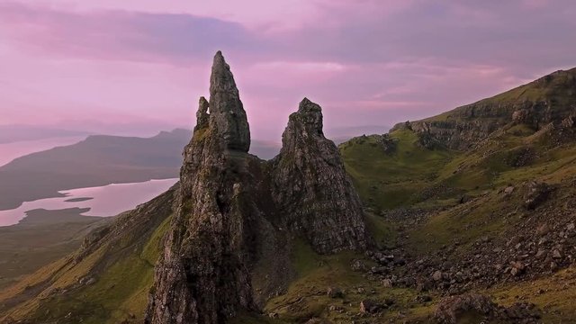 Cinematic flight over the Old Man Of Stor in autumn - Isle of Skye, Scotland
