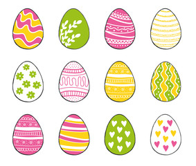 Happy Easter greeting templates card colors green, pink, yellow with hand drawn modern eggs. Vector illustration. 