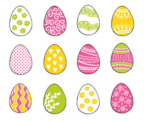 Happy Easter greeting templates card colors green, pink, yellow with hand drawn modern eggs. Vector illustration. 