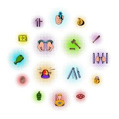 Crime comics icons isolated on white background