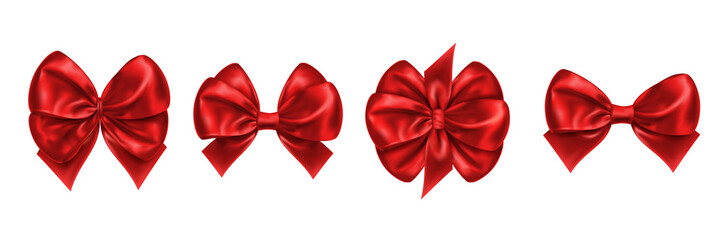 Set of isolated bow knots for gift decoration, satin bow-knots for present box or package adornment. Favor for new year or christmas, anniversary event and valentine day, wedding gift packaging