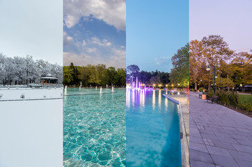 Four seasons concept. The effect of the 4 seasons on the urban environment. Four pictures of one place captured during one year and seamlessly blended in one photography composite.