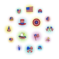 Independence Day icons in comics style on a white background  