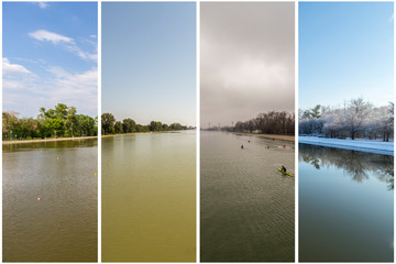 Four seasons concept. The effect of the 4 seasons on the urban environment. Four pictures of one place captured during one year and seamlessly blended in one photography composite.