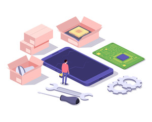Mobile repair and service concept. Smartphone with repairman and spare parts. Isometric composition. Illustration for web sites and print. Vector illustration