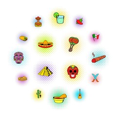 Mexico icons set in comics style isolated on white background