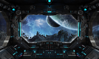 Fototapeta premium Spaceship grunge interior with view on exoplanet