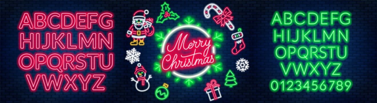 Neon signs of merry christmas, santa claus, snowman, gift, mistletoe, sweet cane, sock and others. Two alphabets on a dark background.