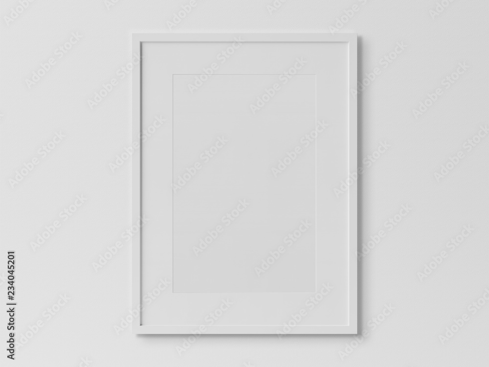Poster White rectangular vertical frame hanging on a white wall mockup 3D rendering