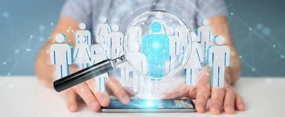 Businessman using magnifying glass to recruit people 3D rendering