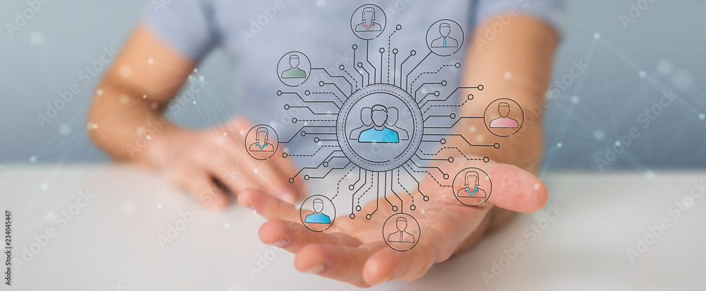 Poster businessman using thin line social network icons interface