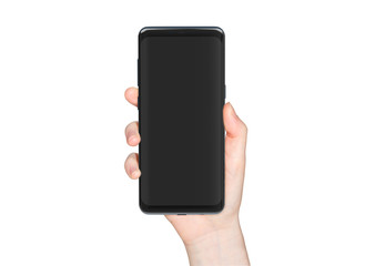 Woman hand holding modern smatphone mockup on white