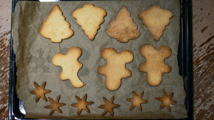 Christmas cookies on baking tray. Gingerbread cookies. Chritsmas concept.