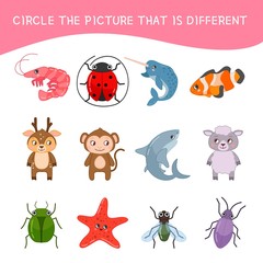 Educational children game. Kids activity sheet, Circle the picture that is different.