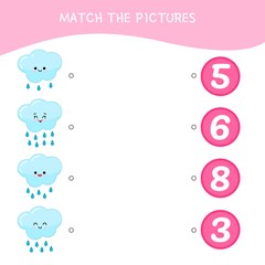 Counting educational children game, math kids activity sheet. How many objects task. Cartoon cute clouds.