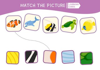Matching children educational game. Match parts of sea animals and textures. Activity for pre shool years kids and toddlers.