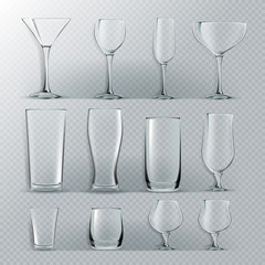 Transparent Glass Set Vector. Transparent Empty Glasses Goblets For Water, Alcohol, Juice, Cocktail Drink. Realistic Bright Illustration