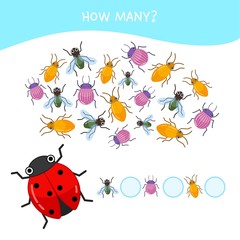 Counting educational children game, math kids activity sheet. How many objects task. Cartoon insects.