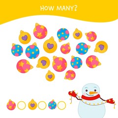 Counting educational children game, math kids activity sheet. How many objects task. Cartoon snowman. Christmas collection.