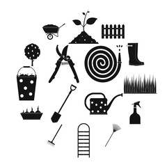 16 garden plain icons set. Black symbols on a white background