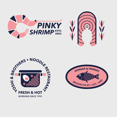 Fish and Seafood restaurant logos, badges and labels. Tasty salmon stake along with shrimp and fish