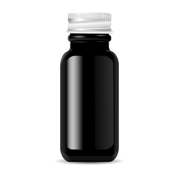 Pharmacy or cosmetics bottle for liquid medical products. Black glass cosmetic bottle mockup with aluminium lid  for supplements. Vector illustration.