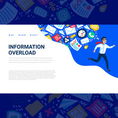 Information overload concept. Horizontal template with Young man running away from information stream pursuing him. Usable for web banner, articles, infographics. Colorful vector flat illustration.