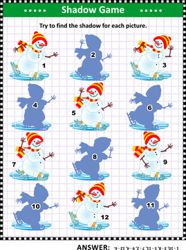 Visual puzzle or picture riddle with skating snowmen: Can you find the shadow for each picture? Answer included.
