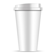 White paper coffee Cup with white lid isolated on white background. 3d realistic Coffee Cup Mockup. EPS10 Vector Template design illustration.