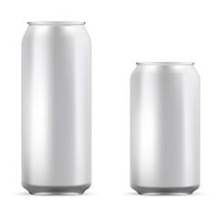 Aluminum cans set mockup illustration. Realistic metallic can for beer, soda, lemonade, juice, energy drink. EPS10 Vector template for your design.